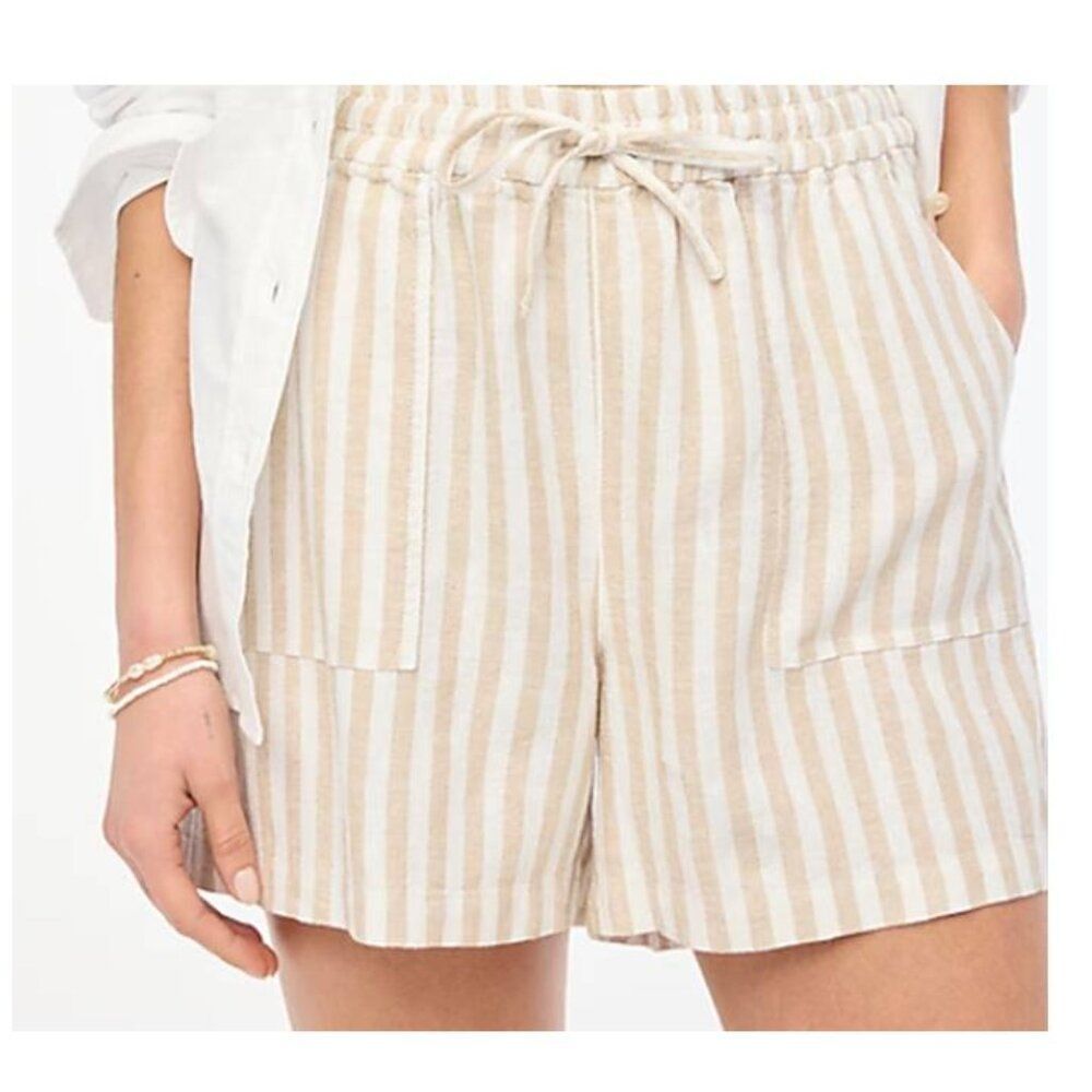 J Crew Women's Linen Blend Drawstring Short 4.5" Striped Tan White Size 3X